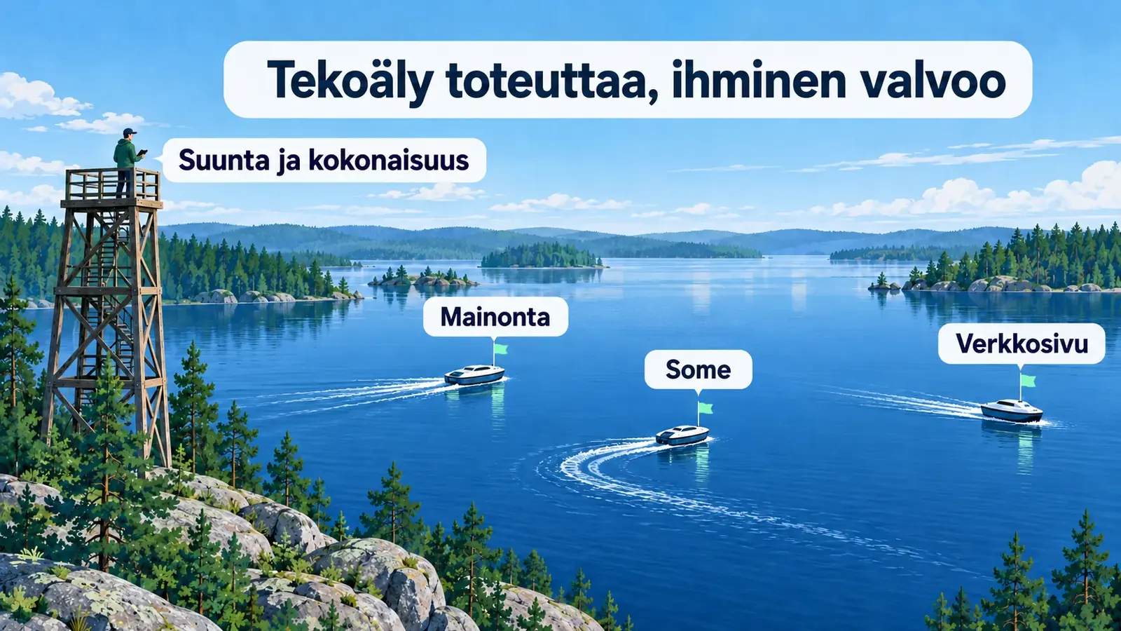 Ihminen seuraa näkötornista järveä, jolla kolme tekoälyn ohjaamaa venettä hoitaa mainontaa, somea ja verkkosivua samaan aikaan. Kaikissa veneissä on sama lippu. Ihmisen kohdalla lukee suunta ja kokonaisuus, ja kuvan otsikko on tekoäly toteuttaa, ihminen valvoo.