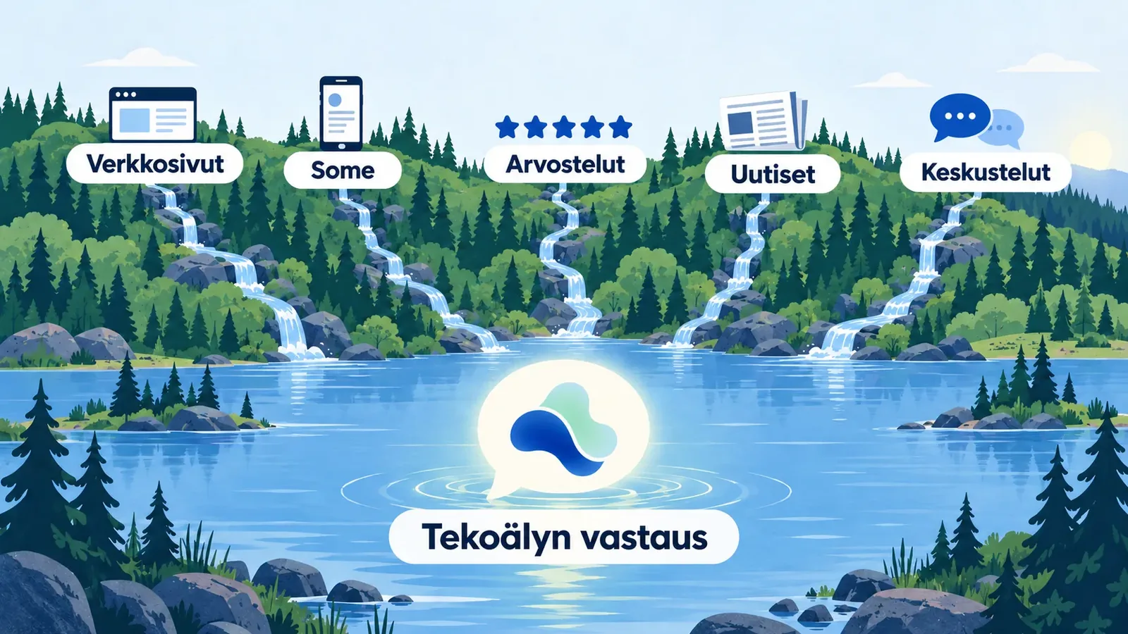 Viisi puroa laskee metsäiseltä rinteeltä yhteen järveen. Purojen lähteinä ovat verkkosivut, some, arvostelut, uutiset ja keskustelut. Järven keskellä on puhekupla, jonka nimi on tekoälyn vastaus.